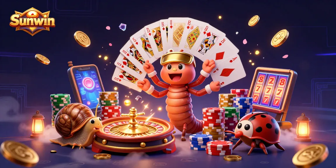 Sunwin inspires excitement with a vibrant casino gaming scene featuring a millipede dealer, chip stacks, and cascading gold coins.