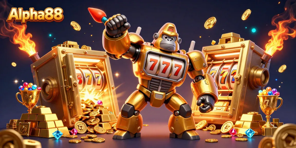 Engage in thrilling gameplay at Alpha88 with a vibrant, mechanized casino scene filled with gold!