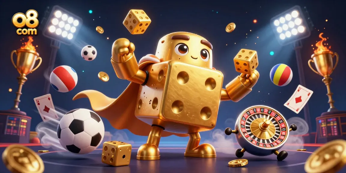 Engage with thrilling gameplay at o8 com with our massive golden dice character throwing sports balls and betting slips in a dynamic casino scene.