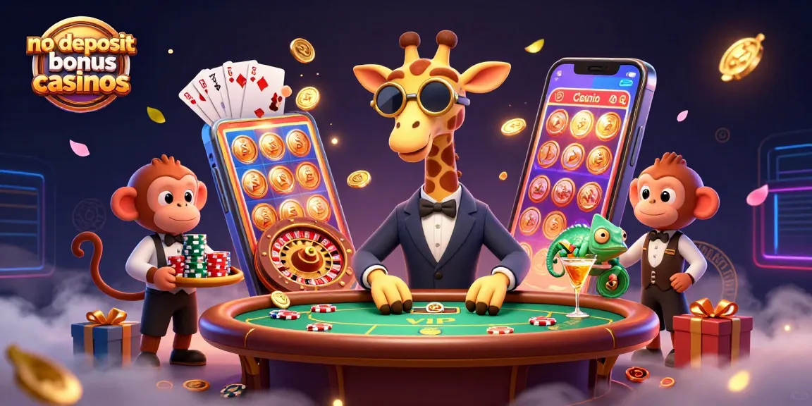 No deposit bonus casinos scene with a high-roller giraffe and gaming elements bursting with excitement