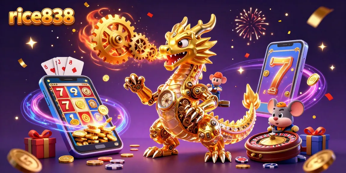 Engage with rice838's thrilling slot experience featuring a golden dragon and dynamic gaming elements.