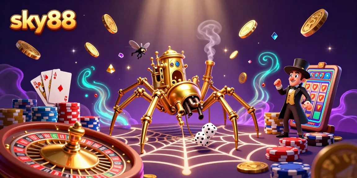 Sky88 showcases a stunning 3D steampunk casino scene with vibrant game elements and characters.