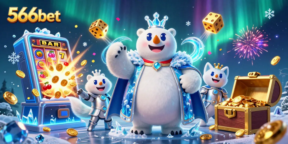 Experience thrilling casino adventures with 566bet featuring a cartoon ice king polar bear and dynamic game elements.