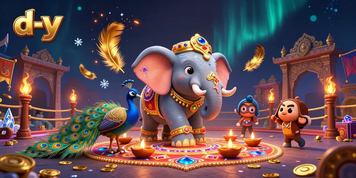 Engage with d-y's rich gaming experience featuring an ornate elephant and peacock in a vibrant casino scene.