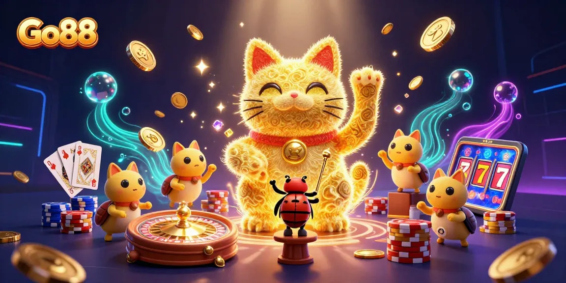 Play casino games with Go88: golden lucky cat and vibrant gaming elements bring excitement