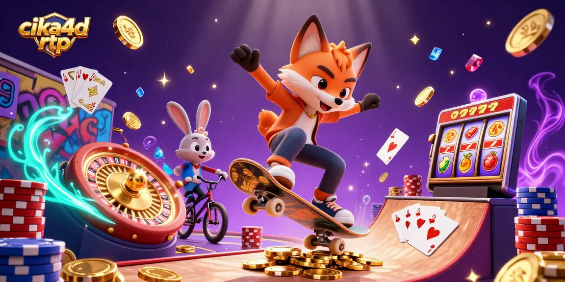 Engage with cika4d rtp through a vibrant casino scene featuring a skateboarder fox and BMX rabbit amidst dynamic gambling elements.