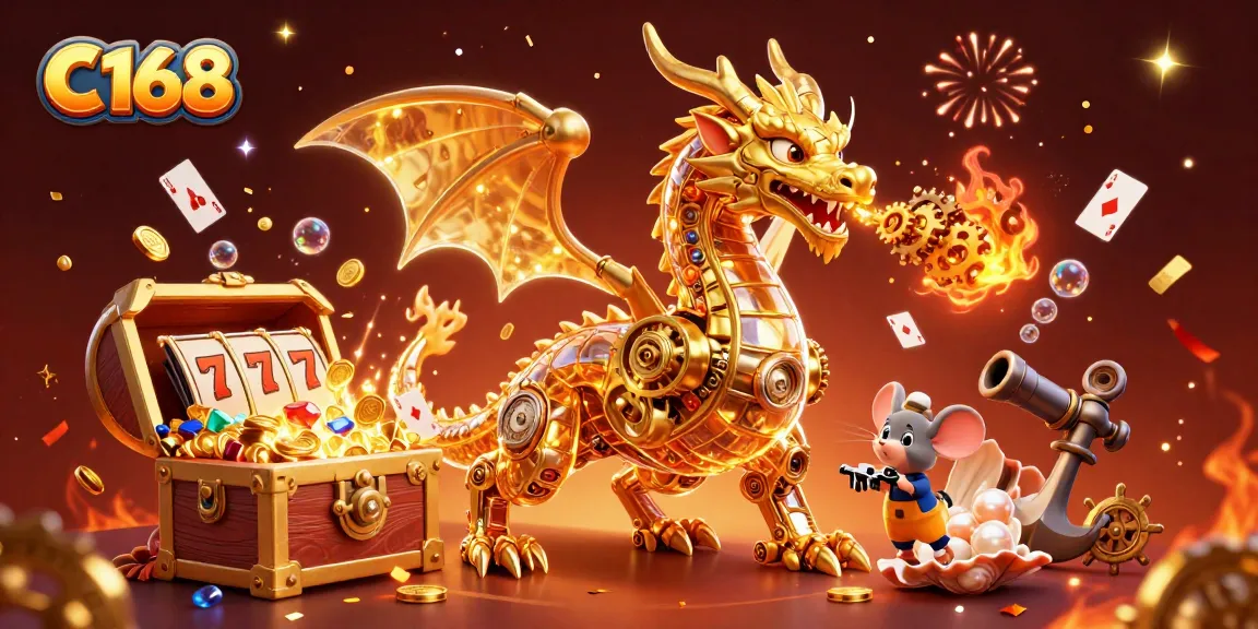 Experience the thrilling adventures with C168 at this vibrant casino illustration featuring a golden dragon and treasure.