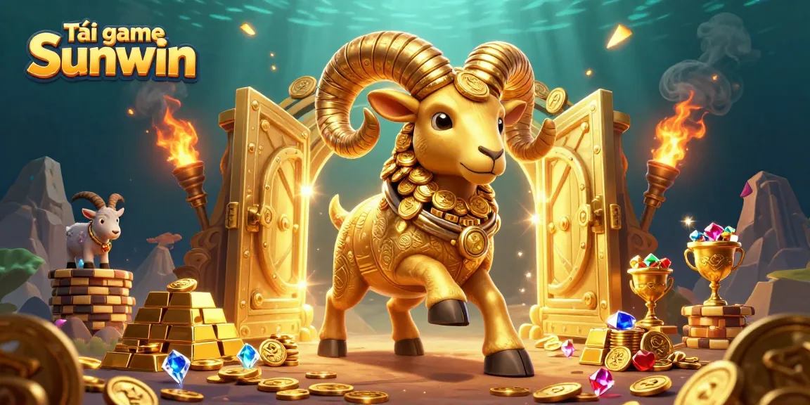Tải game Sunwin with a golden ram charging through a treasure vault in a dynamic 3D illustration.