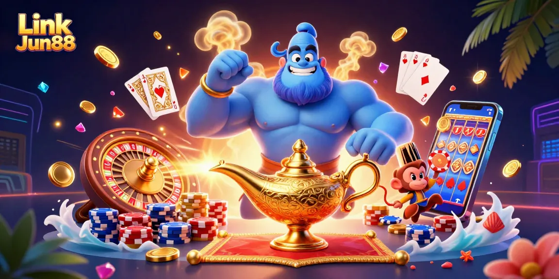 Experience thrilling gaming with Link Jun88 as the genie, monkey, and magic carpet fill the casino scene.