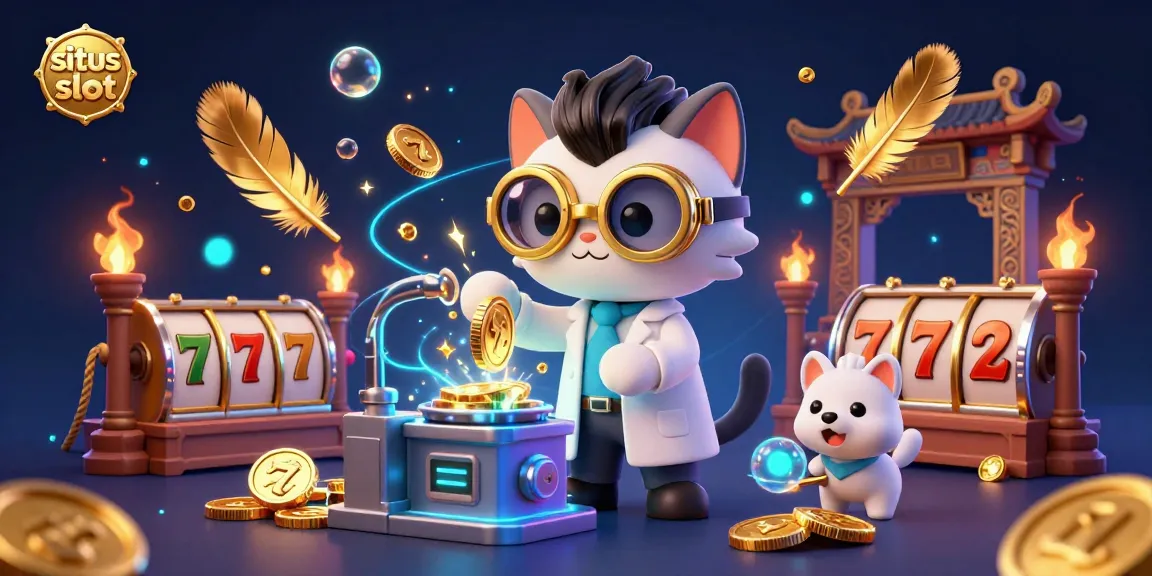 Experience the excitement of situs slot with a vibrant 3D illustration of a mad scientist cat and lab assistant.