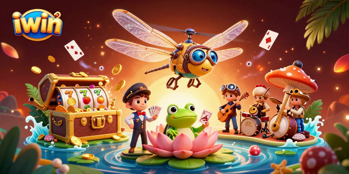 iwin casino showcases a thrilling scene with a dragonfly pilot and frog croupier in an animated lily pad setting.