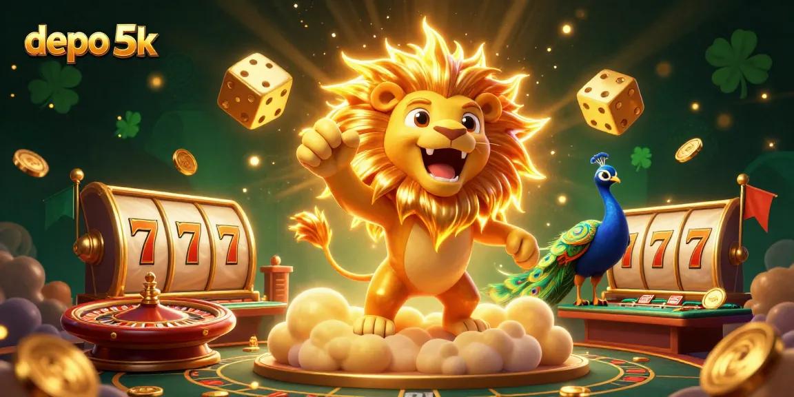 Play at depo 5k with the vibrant 3D casino scene featuring dynamic slots, golden coins, and thrilling wins.