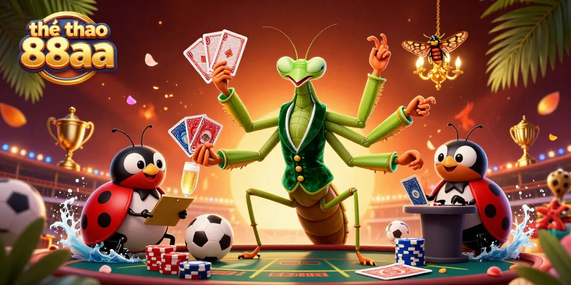 The vibrant scene showcases thể thao 88aa with a giant praying mantis and ladybug characters, emphasizing dynamic sports betting action.