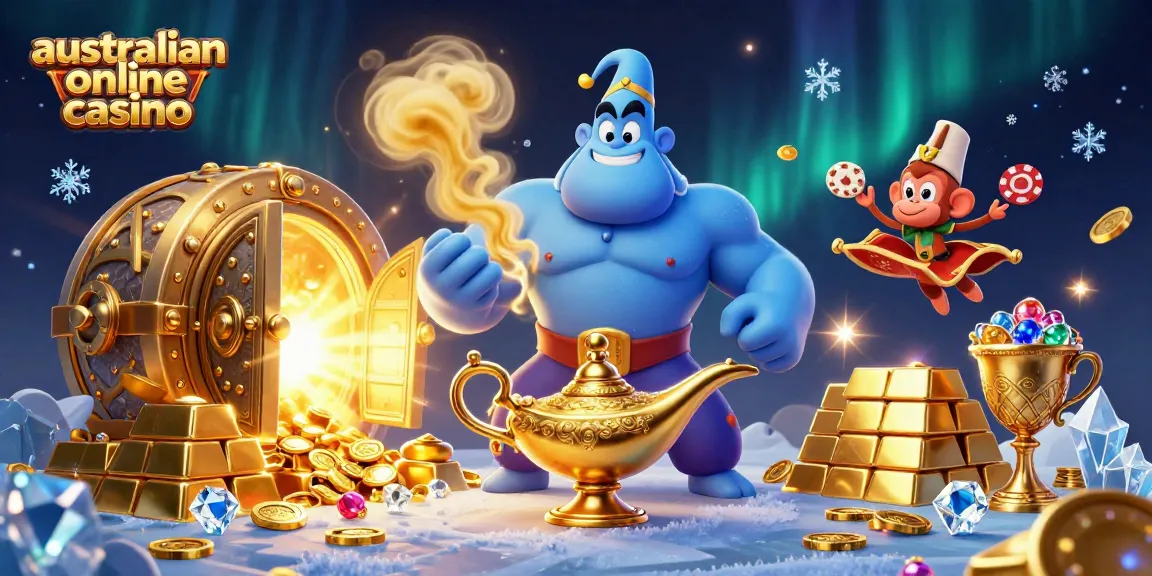 Engage in the enchanting world of australian online casino with a vibrant 3D illustration of a genie, monkey, and poker chips.