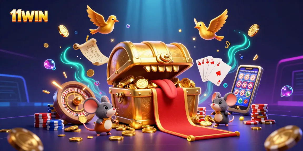 Win big with the captivating 11WIN treasure scene, showcasing thrilling casino elements.