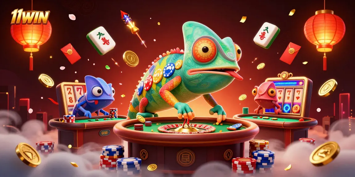 11WIN features a vibrant chameleon casino owner amidst slot reels and festive decorations.