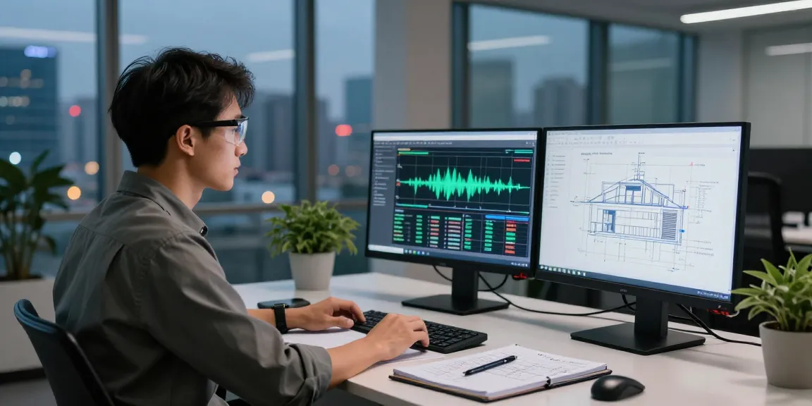 Seismic Design Engineer USA reviewing structural plans in a modern office environment with city skyline in background.