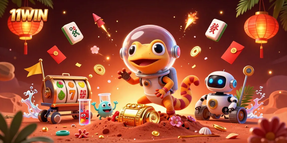 Engage with 11WIN's vibrant gecko mascot among a rich casino landscape of slot games and lucky symbols.