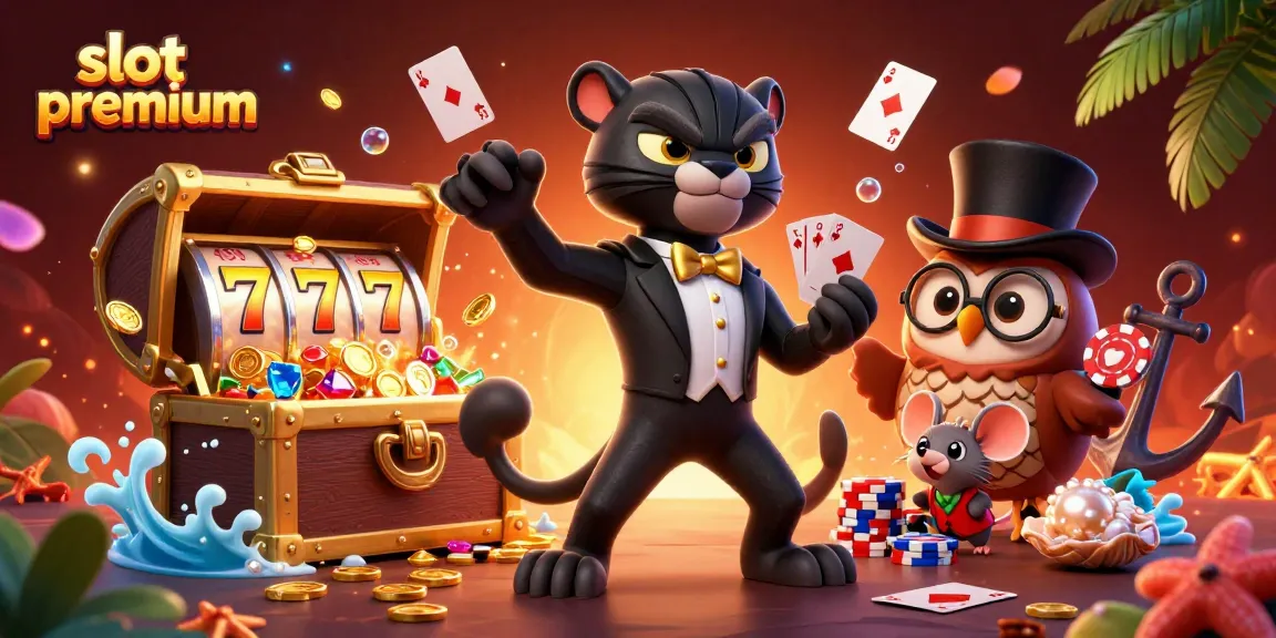 Engage in thrilling slot premium action with a stylish black panther dealing cards amidst vibrant casino elements.