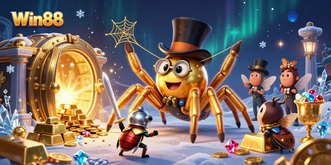Engage with vibrant Win88 gaming adventure featuring a golden tarantula, knight, and gems.