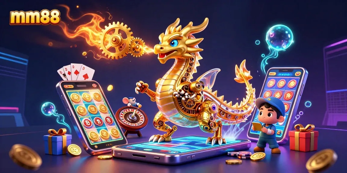 Engage with mm88's exciting slot games featuring a golden dragon and vibrant casino elements.