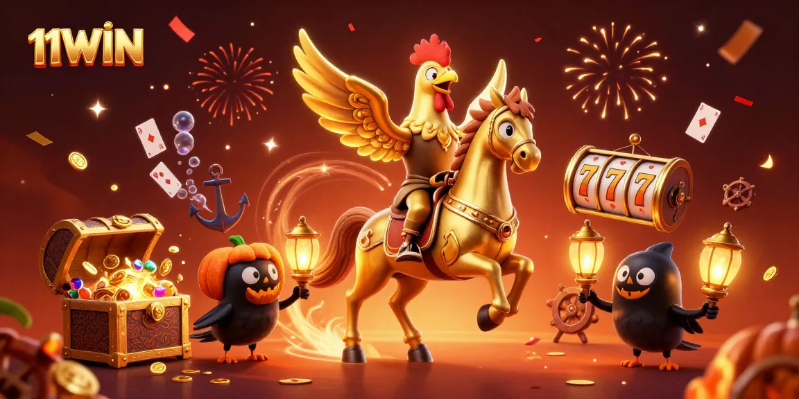 11WIN captivates with a vibrant night casino scene featuring a golden rooster and lively gaming elements.