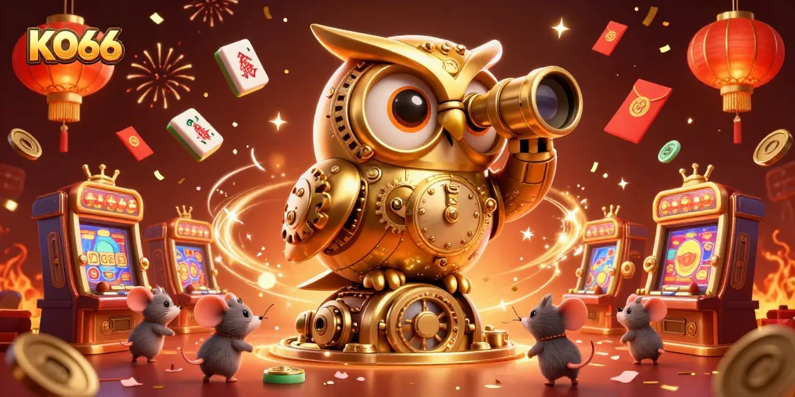 Engage with KO66's vibrant casino scene featuring a golden owl overseeing lively slot machines.