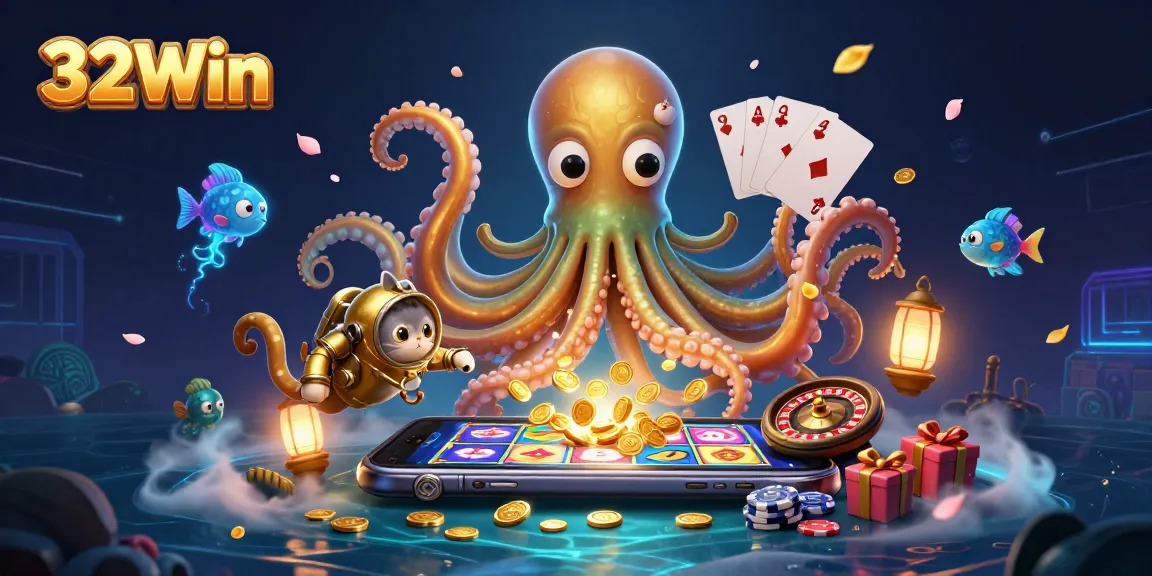 Explore 32Win's thrilling slot games with the kraken and diving cat in an exciting underwater casino adventure.
