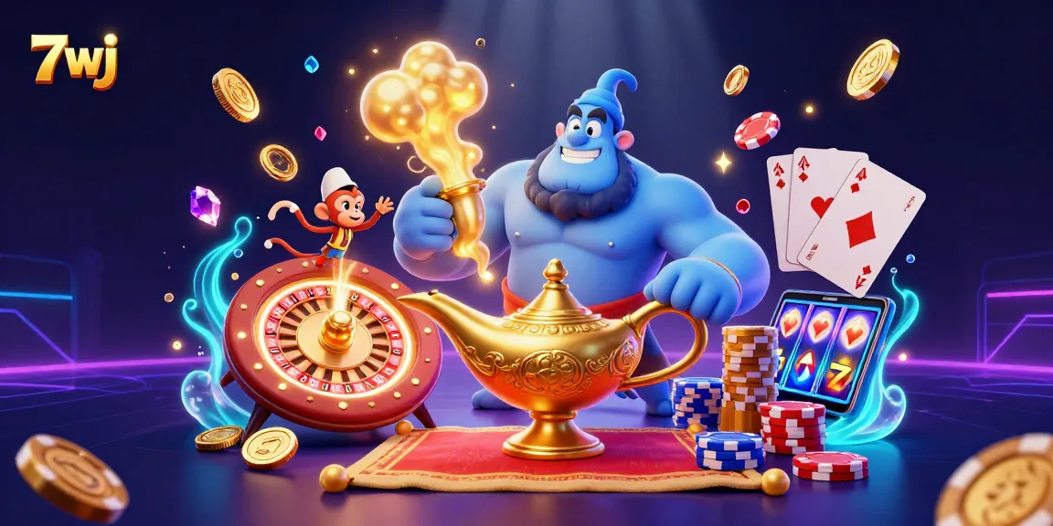Experience the thrill of 7wj with a vibrant 3D scene featuring a genie, cards, and casino elements flying around.