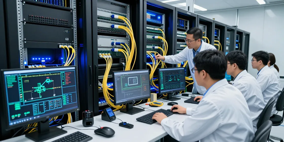 Engineers inspecting fiber optic connectivity solutions in a modern data center.