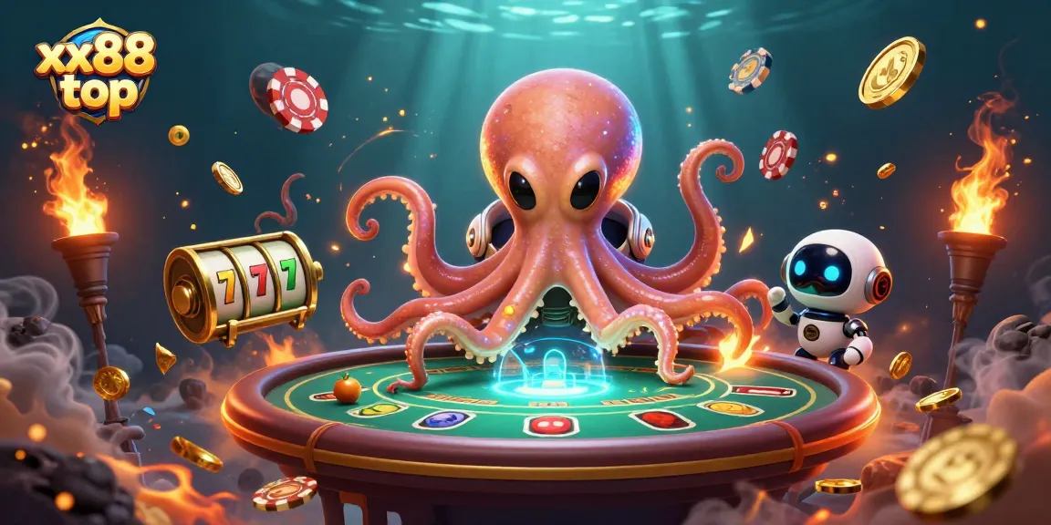Engage with the excitement of xx88 top as a 3D alien octopus plays poker in a dazzling cosmic setting.
