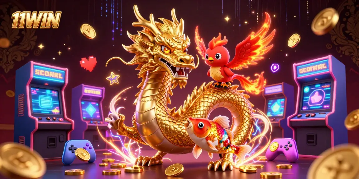 Experience excitement with 11WIN as a dragon, phoenix, and koi fish dominate a colorful arcade and casino scene.