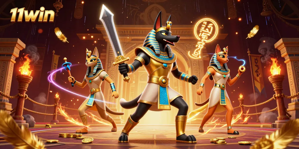 Engage with 11WIN's thrilling casino adventure featuring Anubis and Bastet in an exciting 3D illustration.