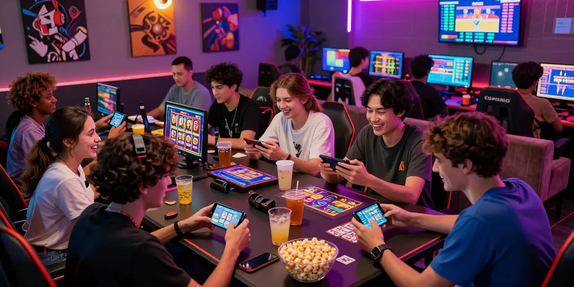 Young adults engaged in earning games in a vibrant gaming lounge setting.