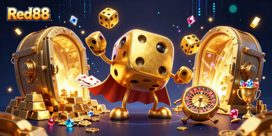 Experience the thrilling world of Red88 as dice, roulette, and treasures come alive in a vibrant casino scene.