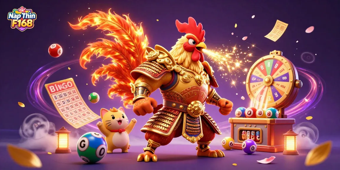 Nạp Tiền F168 as an engaging scene with a rooster warrior, dragon hatchling, and cat mascot celebrating colorful gambling.