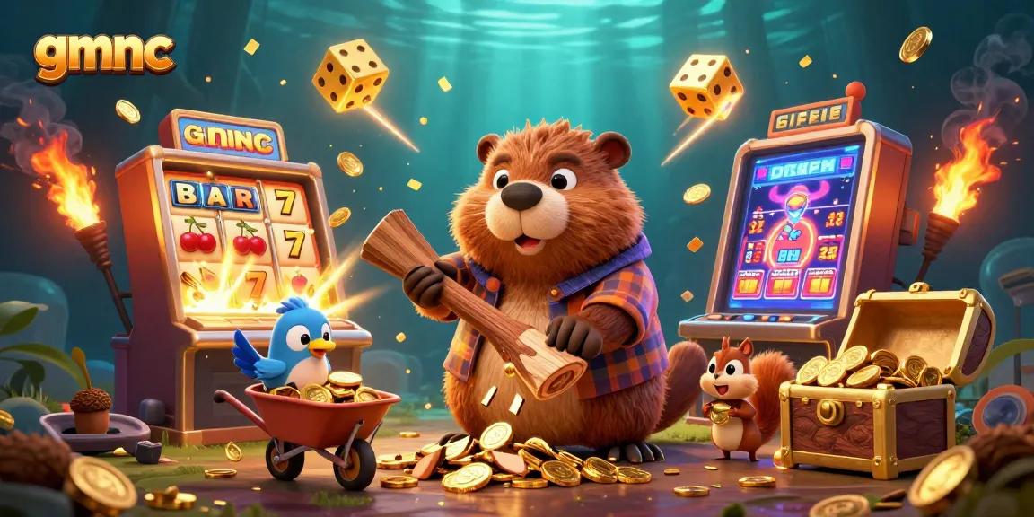 Experience gmnc's excitement with a vibrant 3D scene of a beaver collecting golden coins amidst casino-themed elements.