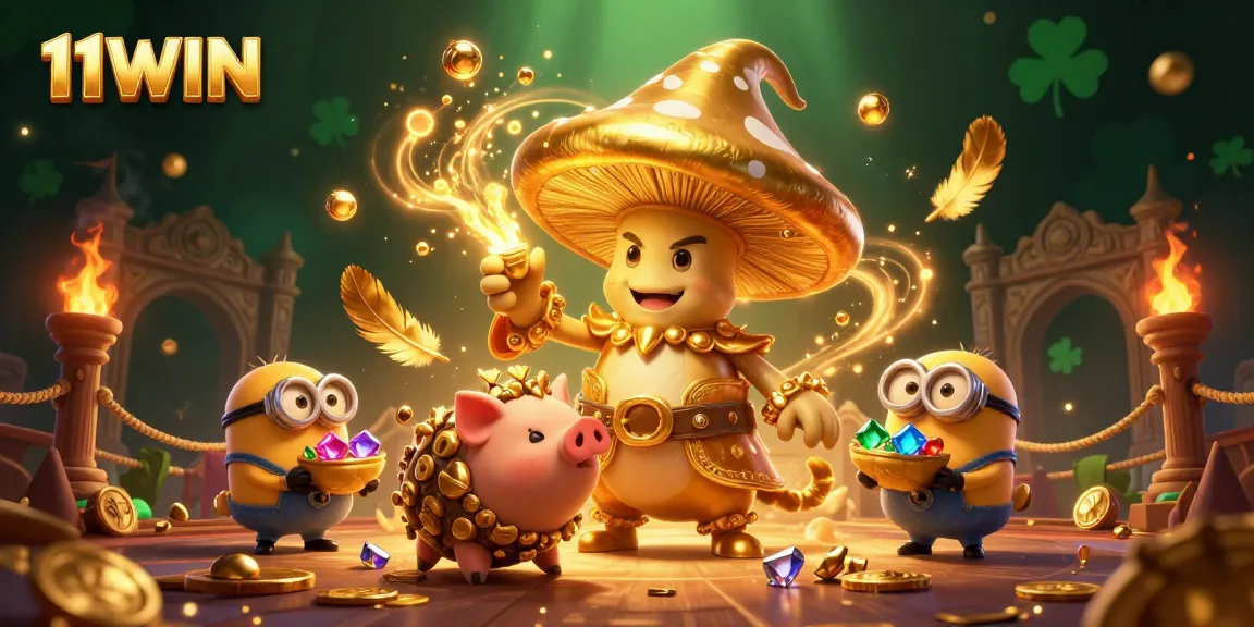 Unleash your luck with 11WIN, where a magical wizard and treasure-hunting pig celebrate casino wins in style.