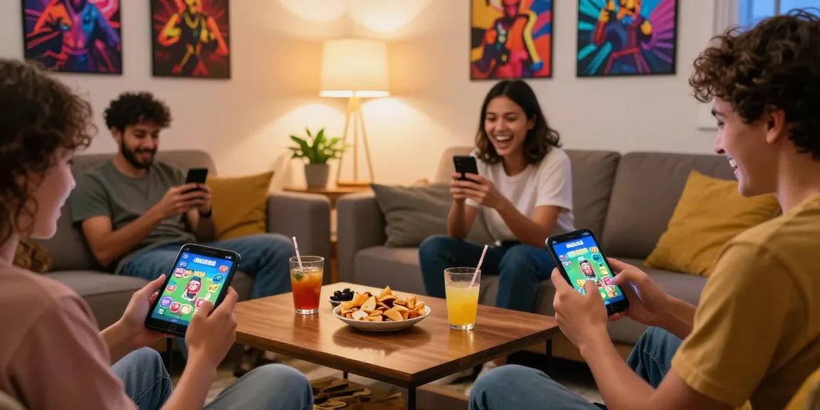 Players enjoying a real money game on mobile devices in a vibrant gaming atmosphere with snacks and colorful decor.