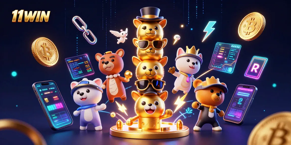 Experience the excitement of 11WIN with vibrant casino-themed 3D art featuring a totem pole and crypto elements.