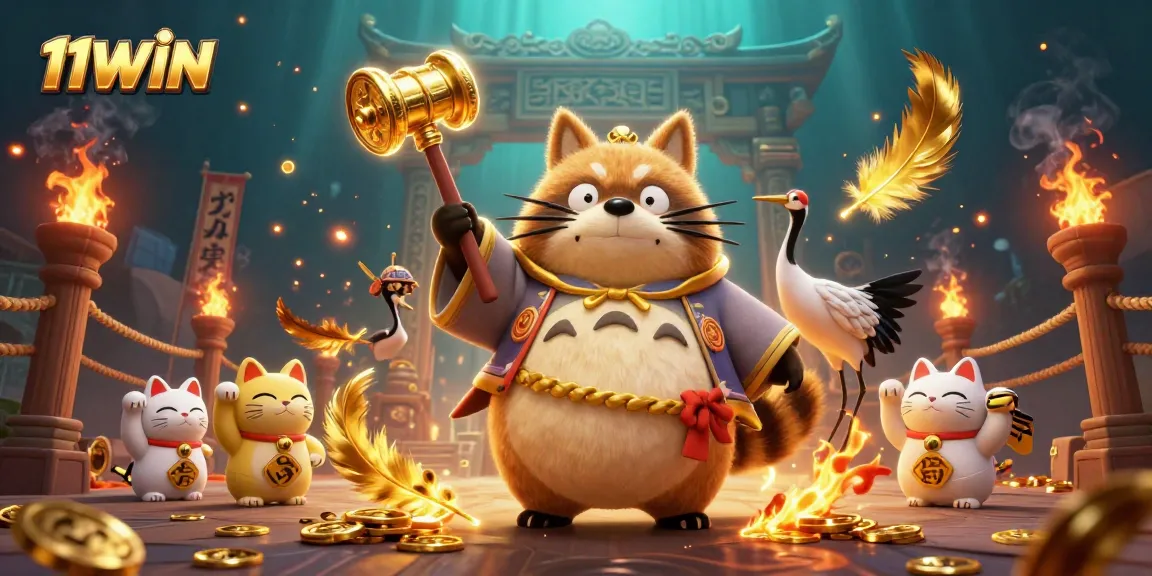 Experience excitement with 11WIN as a cheerful tanuki and samurai crane celebrate in a vibrant casino scene.