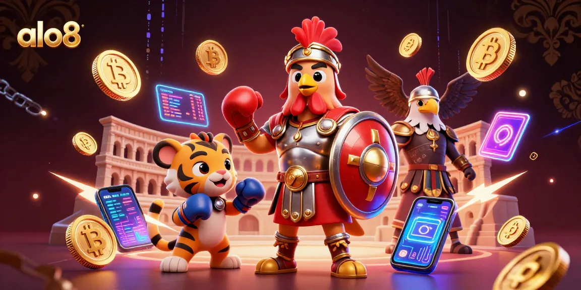 Experience thrilling bets at ALO8 with a dynamic casino illustration featuring a gladiator rooster and tiger cub.