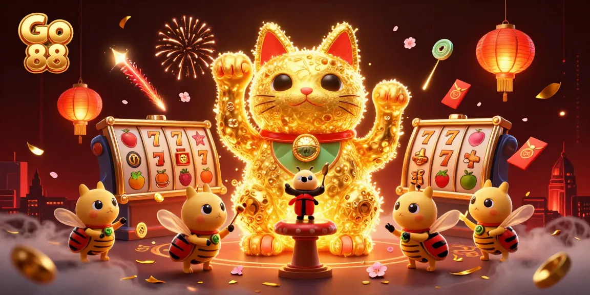 Engage with Go 88's vibrant casino world, featuring a lucky cat and exciting slot symbols in a 3D illustration.