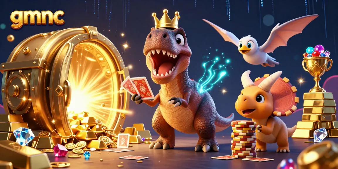 Engage with gmnc as a colorful dinosaur trio shuffles cards amidst treasure in a casino scene.