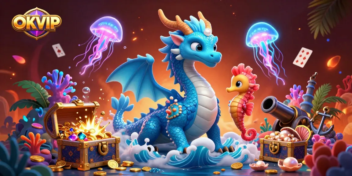 Engage in thrilling action with OKVIP, featuring a vibrant underwater casino scene with a dragon and treasures.