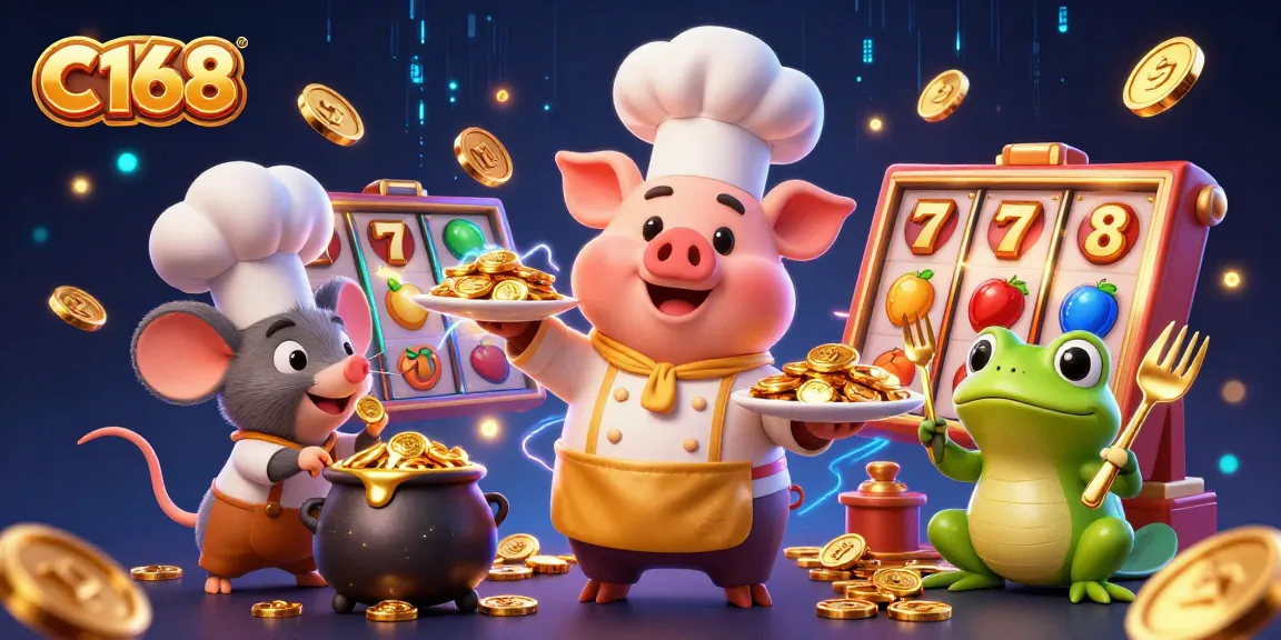 C168 slot excitement: Chef pig serves gold coins in vibrant casino scene with dynamic elements.